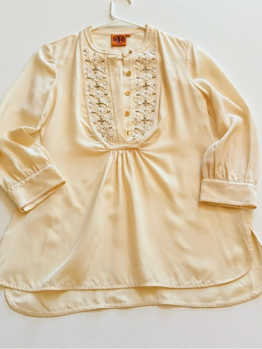 Tory Burch Cream Embellished Long-Sleeve Tunic Top